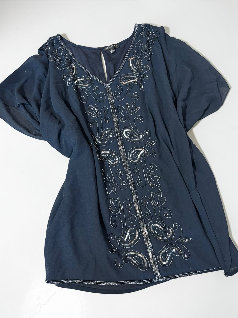 Marina Navy Sheer Beaded Sequin Tunic Top Bedazzled Y2K Glam M - Picture 6 of 12